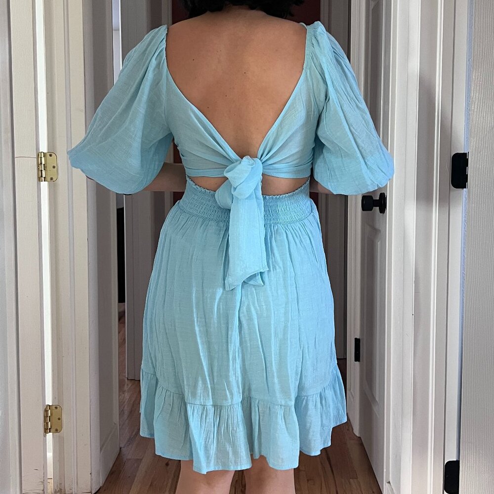 puff sleeve open back mini dress light blue princess costume summer vacation Med - Picture 6 of 15